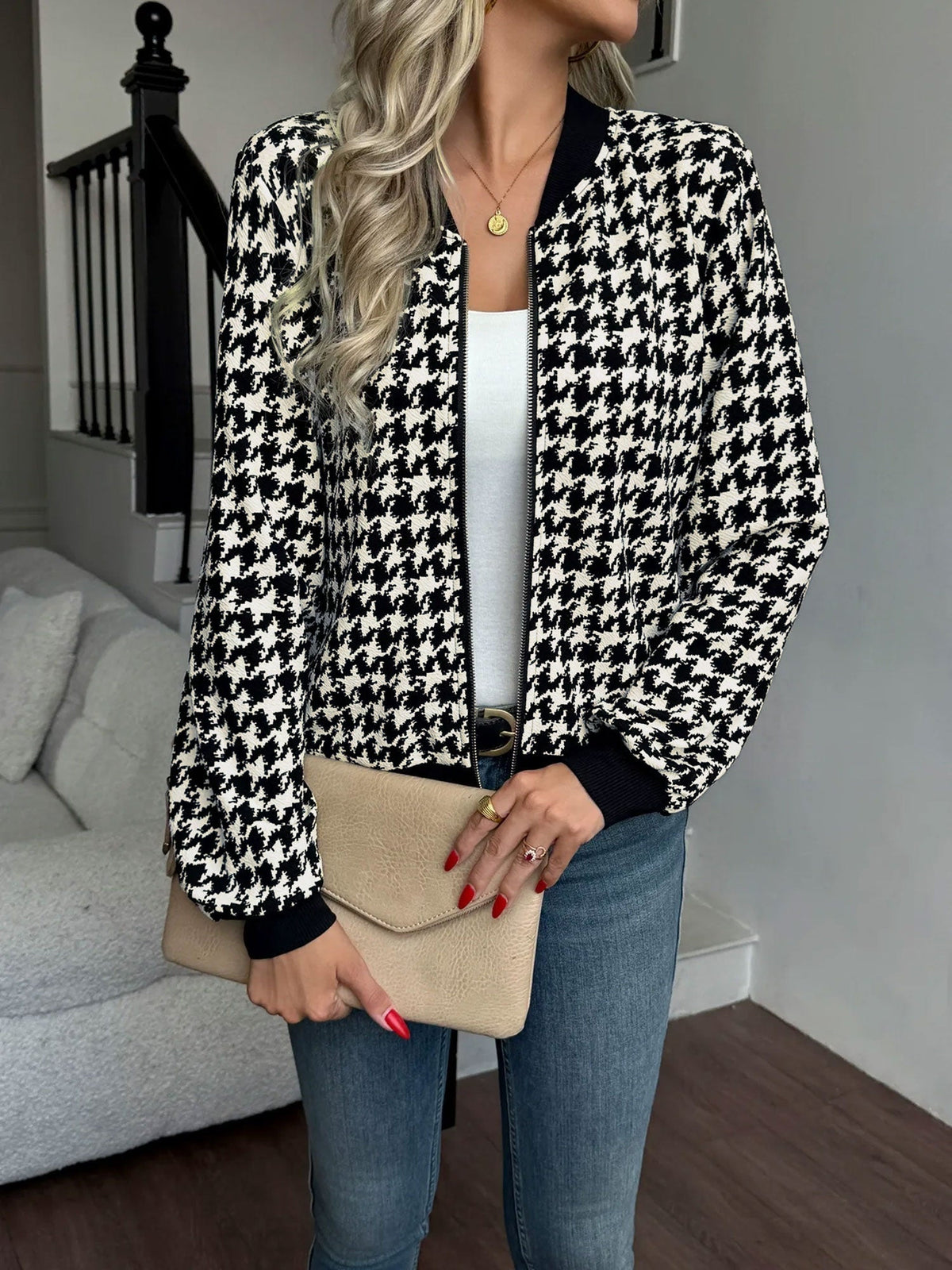 Giacca Bomber Donna Pied de Poule Corta