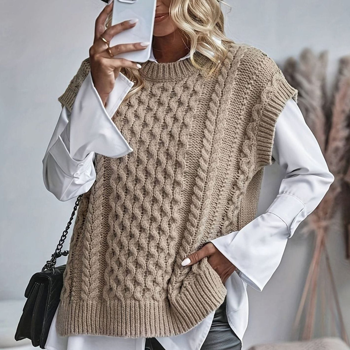 Gilet Donna in Maglia a Trecce Girocollo