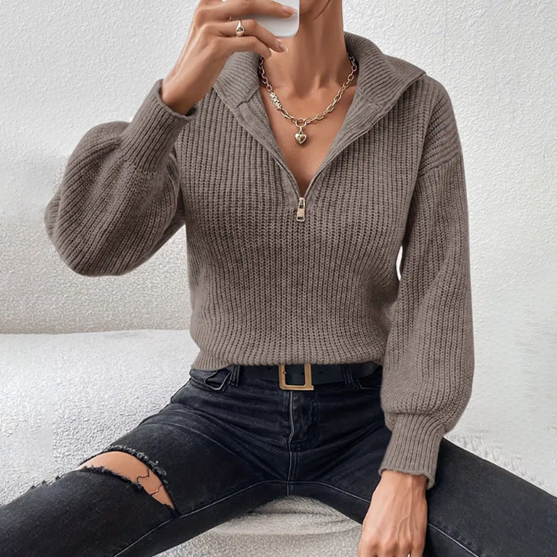 Maglione Grosso Donna Mezza Zip Collo a Revers