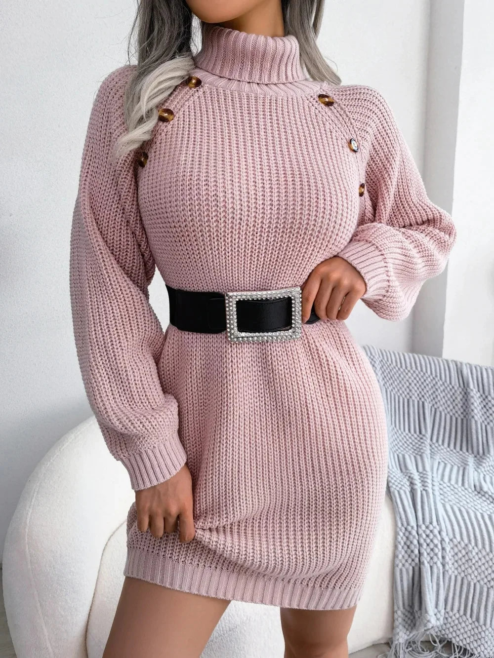 Abito Maglione Donna Collo Alto Bottoni sulla Spalla