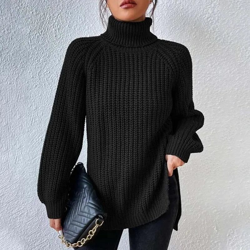 Maglione Dolcevita Donna a Coste con Spacchi Laterali