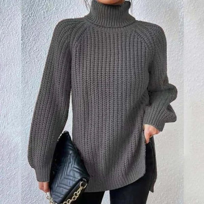 Maglione Dolcevita Donna a Coste con Spacchi Laterali