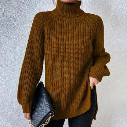 Maglione Dolcevita Donna a Coste con Spacchi Laterali