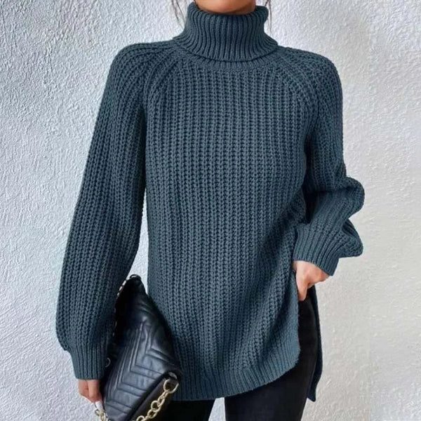 Maglione Dolcevita Donna a Coste con Spacchi Laterali