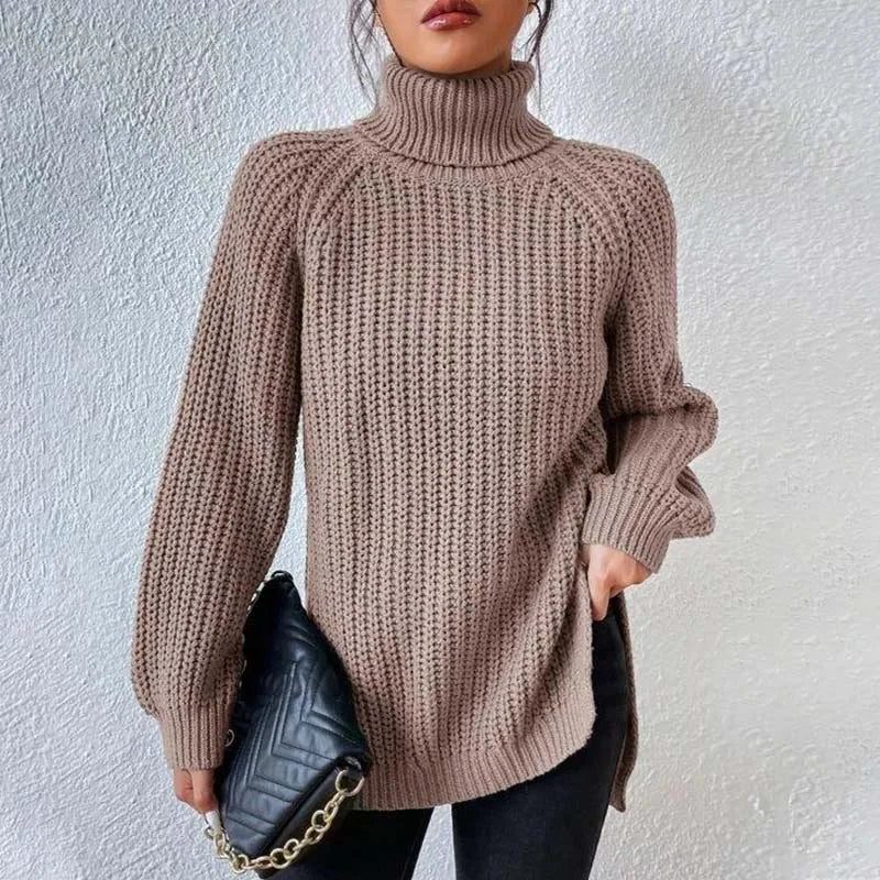 Maglione Dolcevita Donna a Coste con Spacchi Laterali