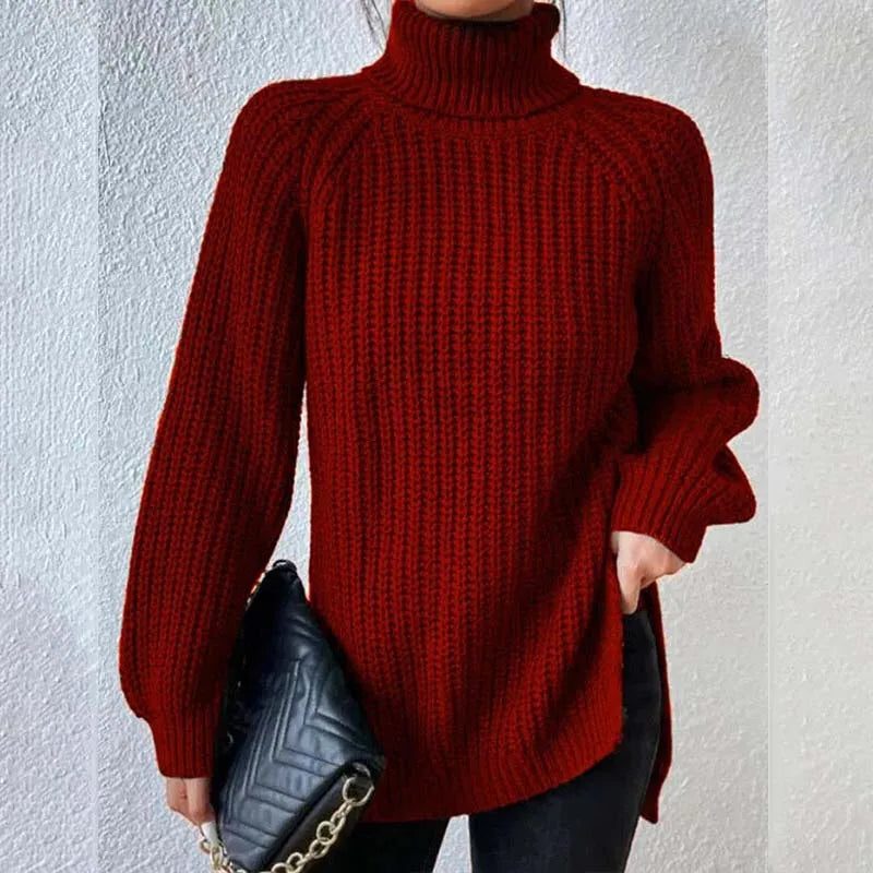Maglione Dolcevita Donna a Coste con Spacchi Laterali