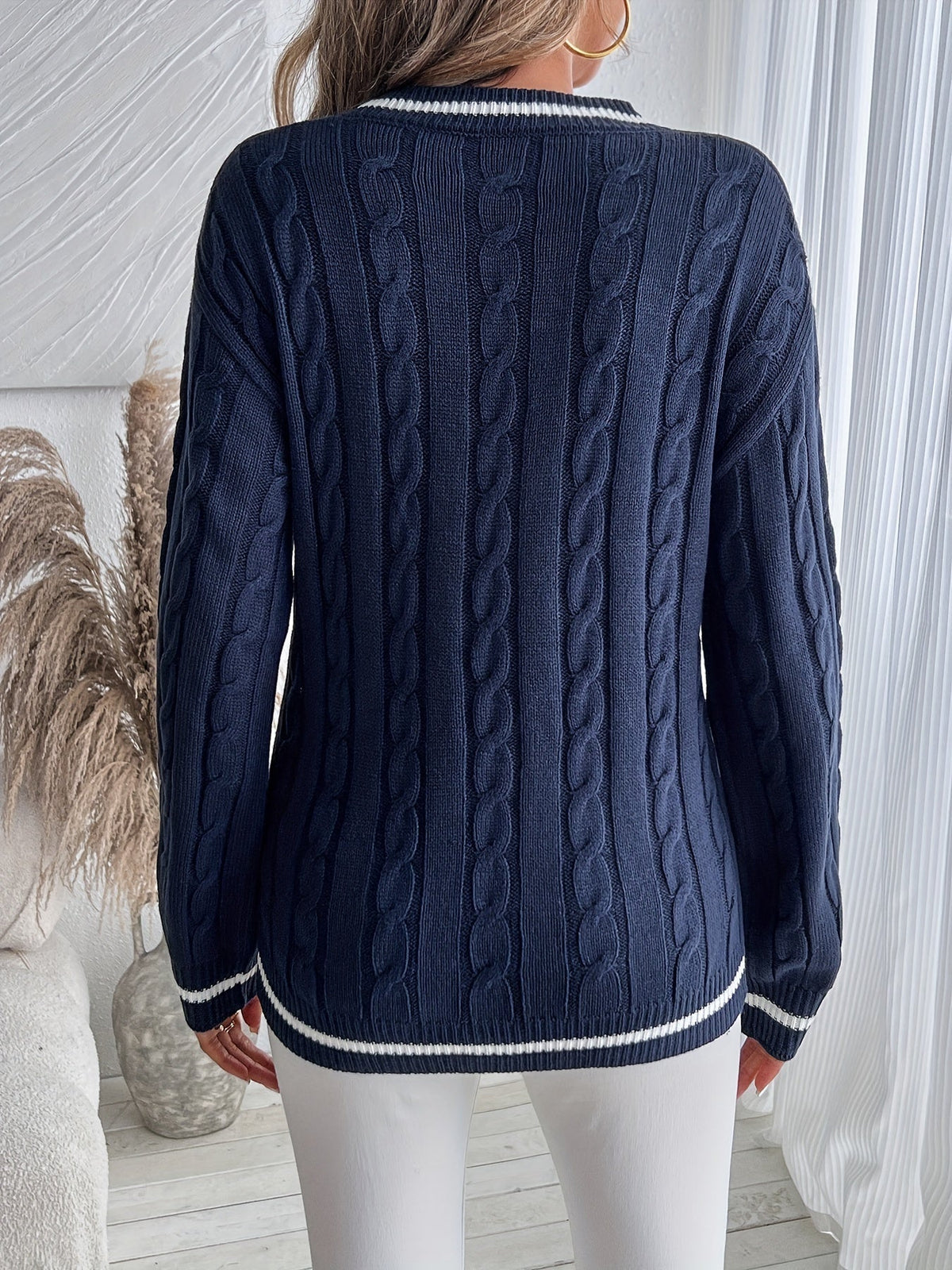 Maglione Trecce Donna Scollo V Bordi a Contrasto