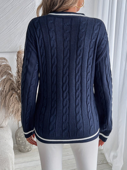Maglione Trecce Donna Scollo V Bordi a Contrasto