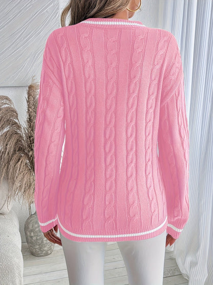 Maglione Trecce Donna Scollo V Bordi a Contrasto