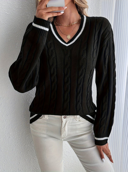 Maglione Trecce Donna Scollo V Bordi a Contrasto