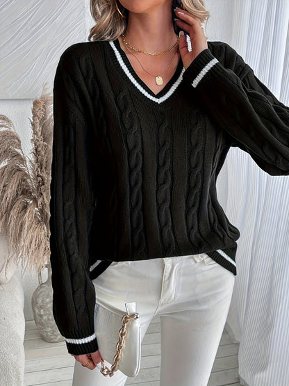 Maglione Trecce Donna Scollo V Bordi a Contrasto