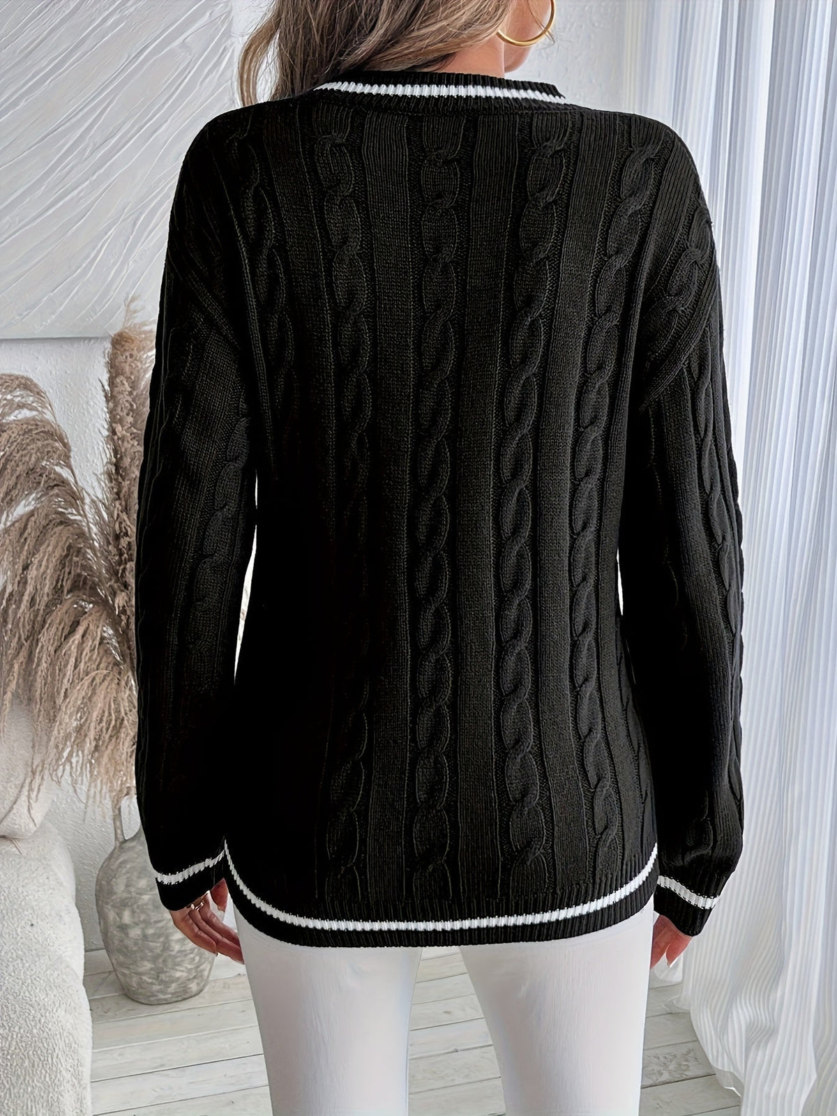 Maglione Trecce Donna Scollo V Bordi a Contrasto