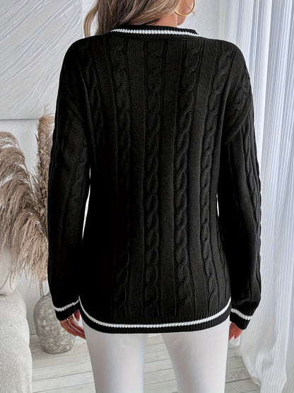 Maglione Trecce Donna Scollo V Bordi a Contrasto