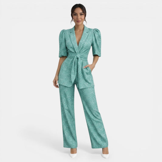 Completo Donna Elegante con Blusa a Maniche a Sbuffo e Pantaloni Dritti