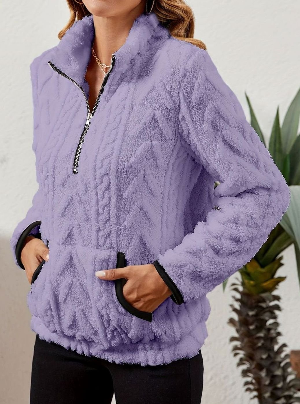 Felpa Pile Donna Mezza Zip con Tasca Marsupio