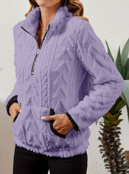 Felpa Pile Donna Mezza Zip con Tasca Marsupio