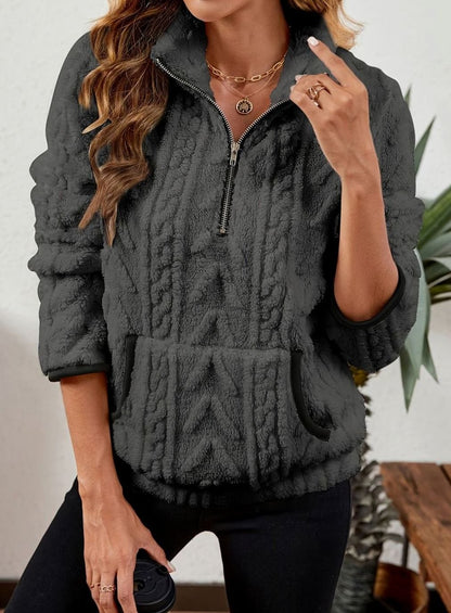 Felpa Pile Donna Mezza Zip con Tasca Marsupio