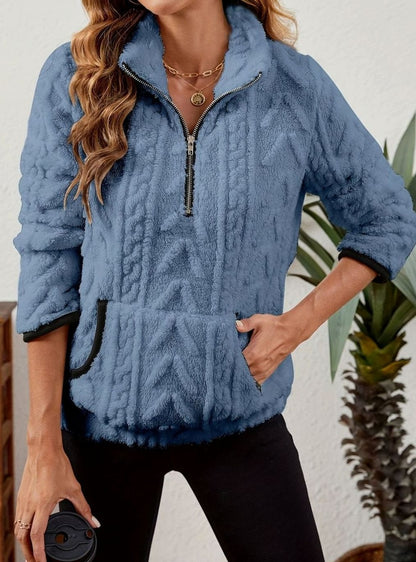 Felpa Pile Donna Mezza Zip con Tasca Marsupio