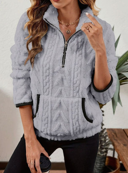Felpa Pile Donna Mezza Zip con Tasca Marsupio