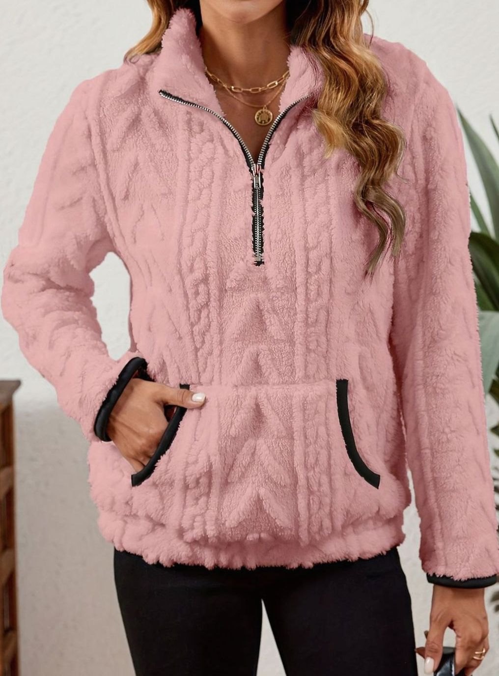 Felpa Pile Donna Mezza Zip con Tasca Marsupio