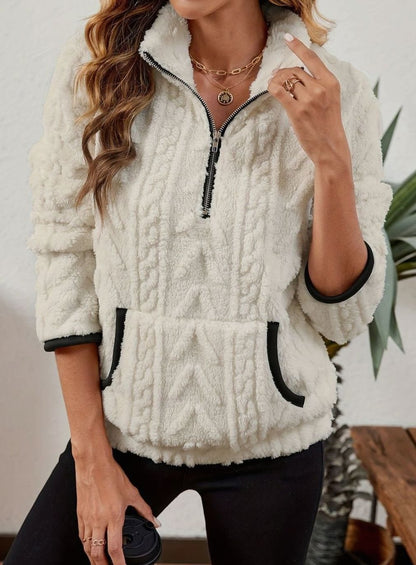 Felpa Pile Donna Mezza Zip con Tasca Marsupio