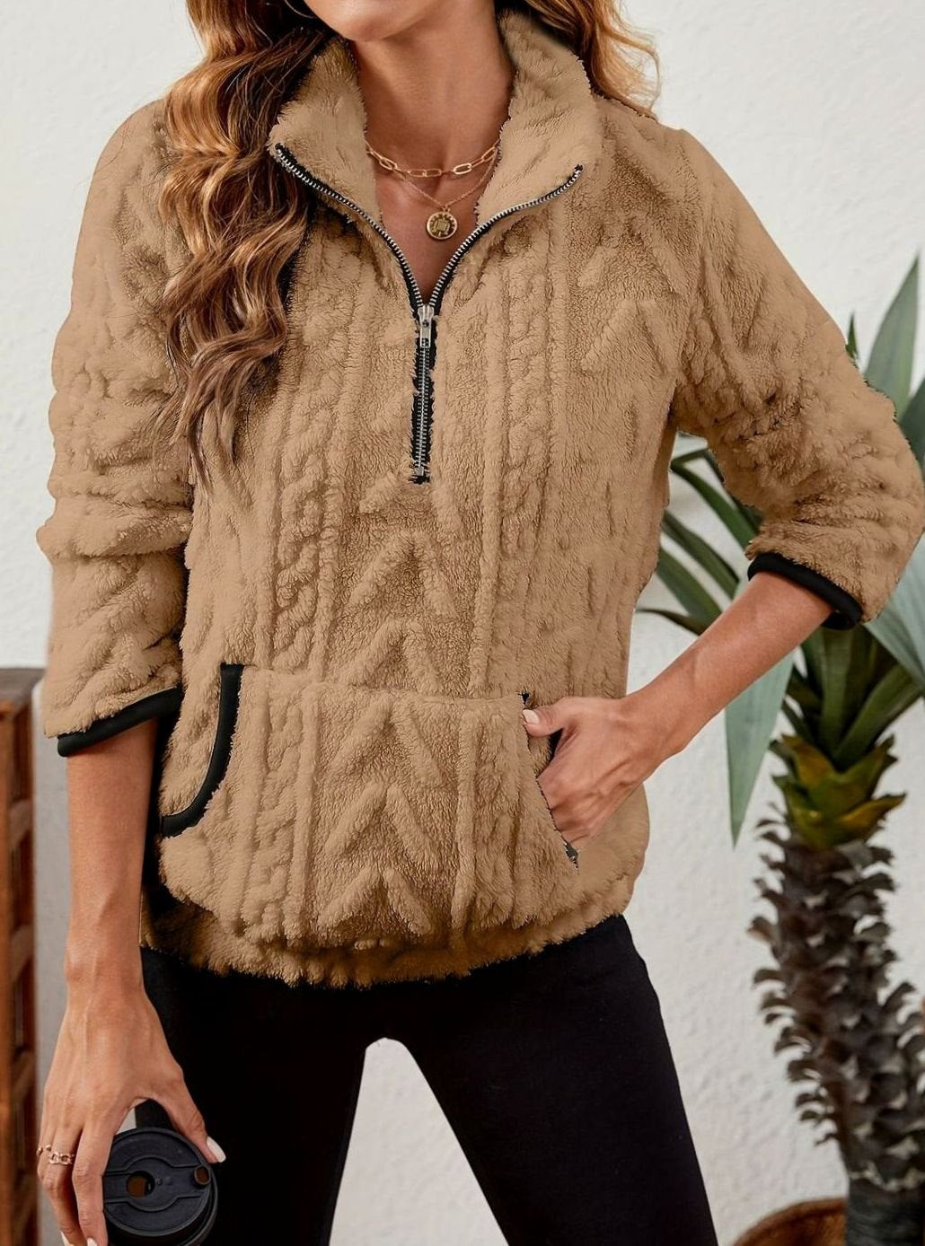 Felpa Pile Donna Mezza Zip con Tasca Marsupio