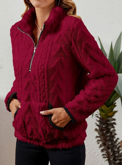 Felpa Pile Donna Mezza Zip con Tasca Marsupio