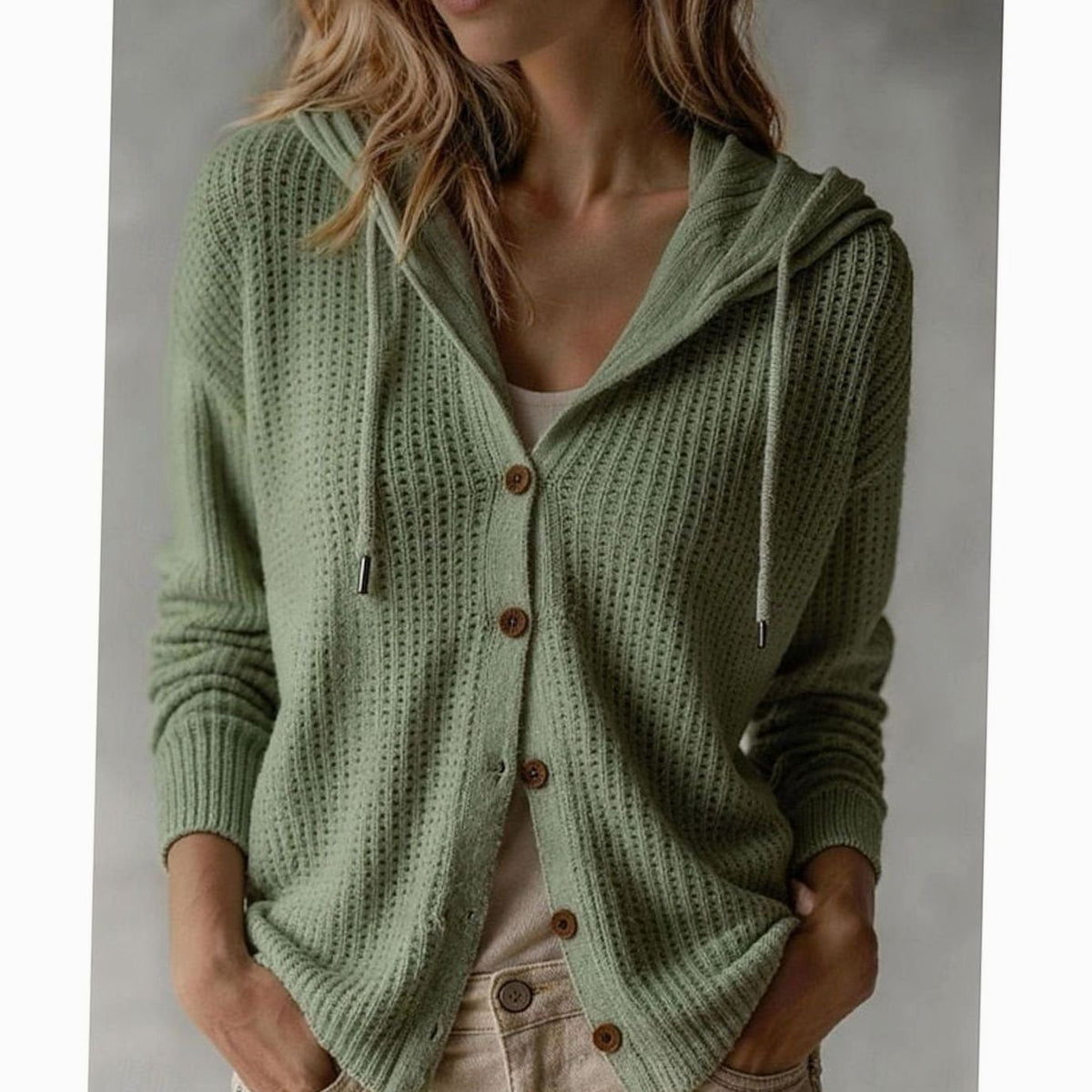 Cardigan Donna con Cappuccio e Tasche Laterali