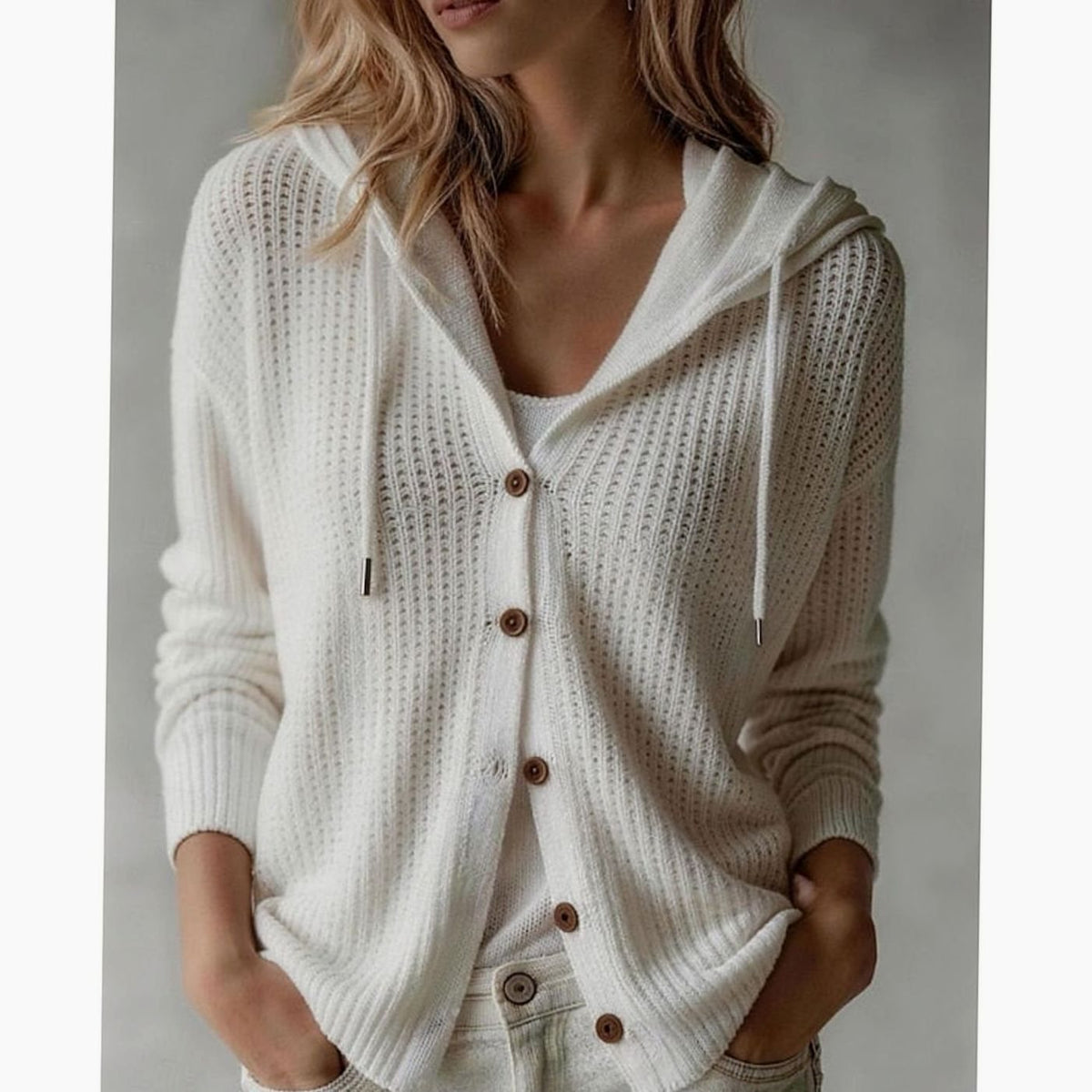 Cardigan Donna con Cappuccio e Tasche Laterali