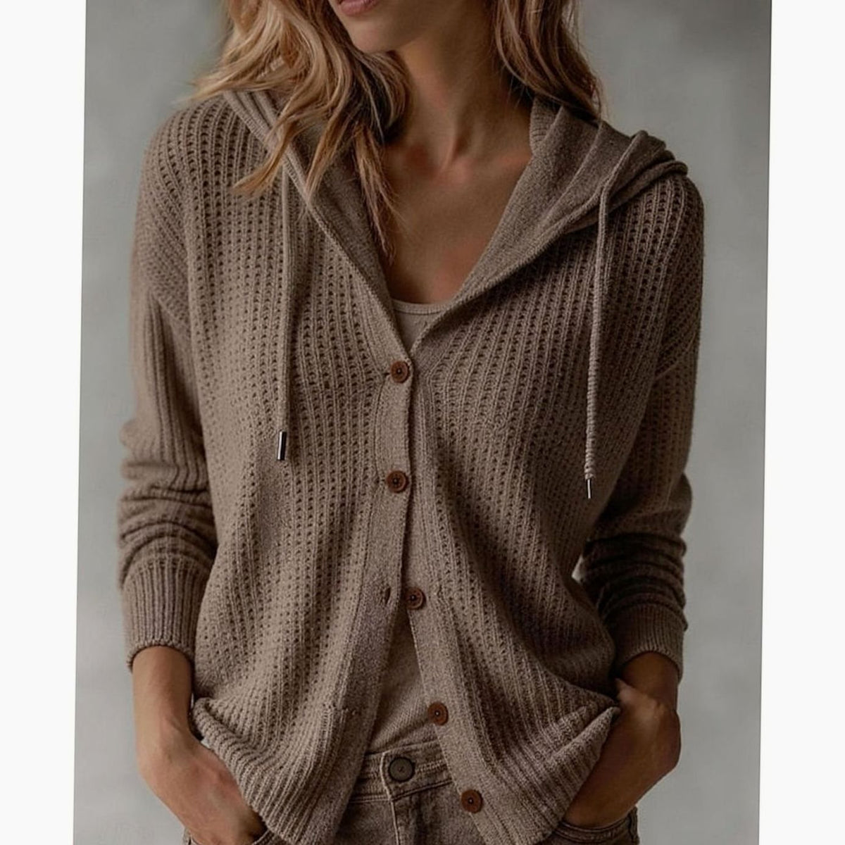 Cardigan Donna con Cappuccio e Tasche Laterali