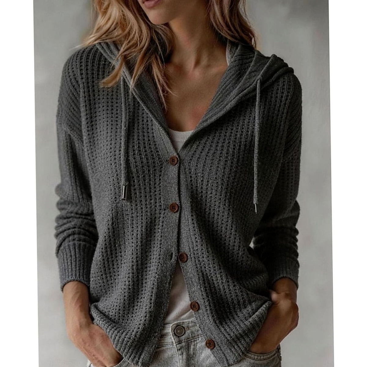 Cardigan Donna con Cappuccio e Tasche Laterali