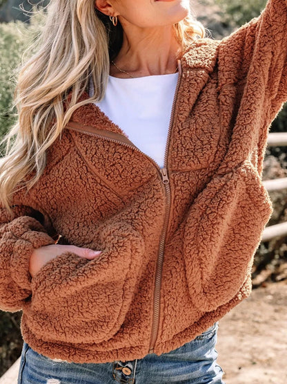 Giacca Teddy Donna con Cappuccio Oversize Marrone