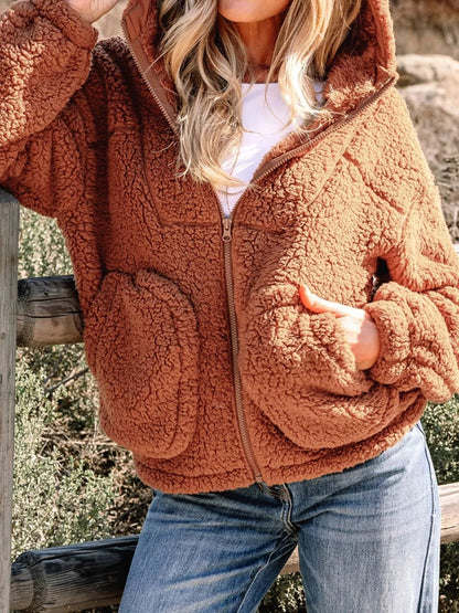 Giacca Teddy Donna con Cappuccio Oversize Marrone