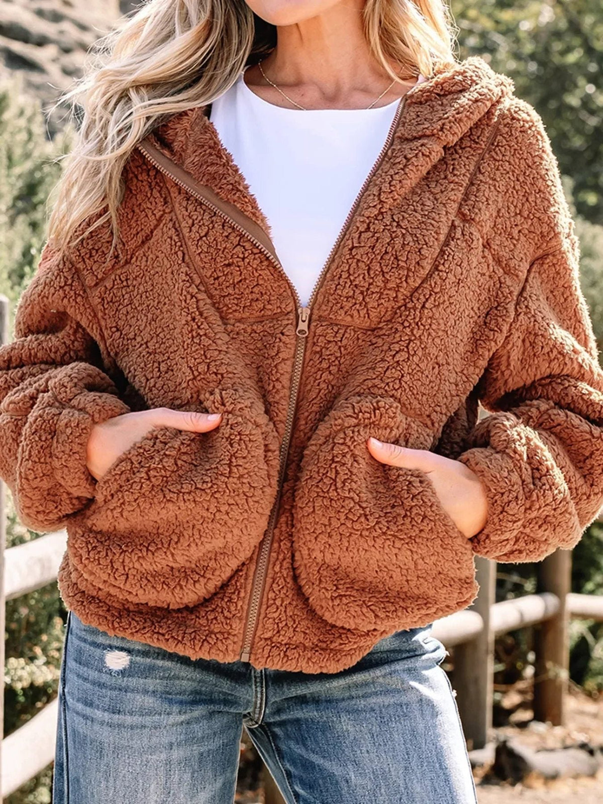 Giacca Teddy Donna con Cappuccio Oversize Marrone