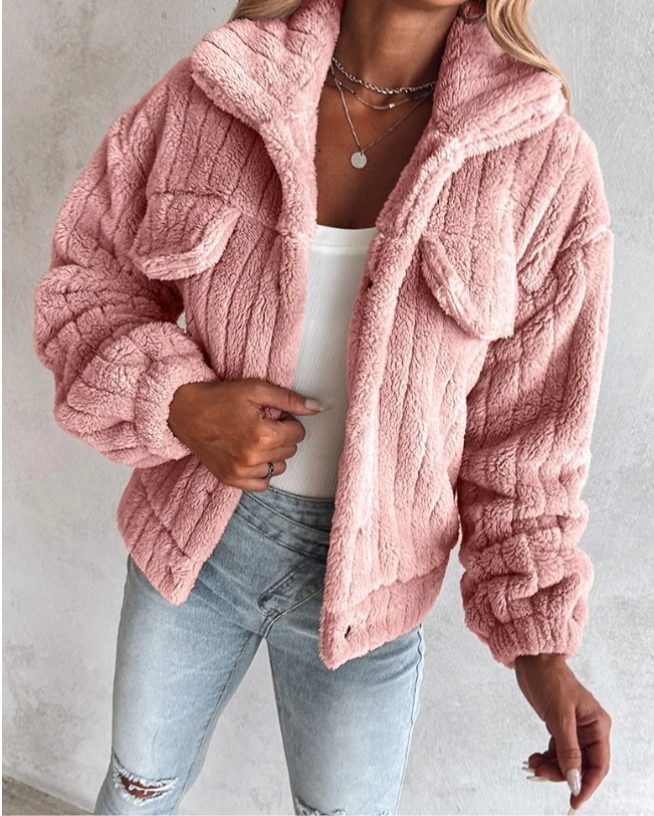 Giacca Teddy Donna Oversize con Tasche al Petto