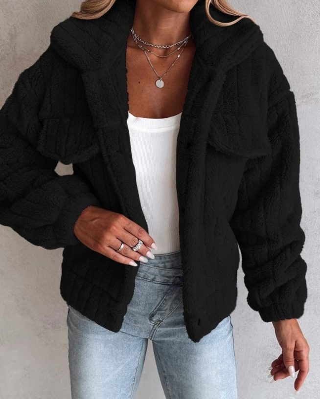Giacca Teddy Donna Oversize con Tasche al Petto