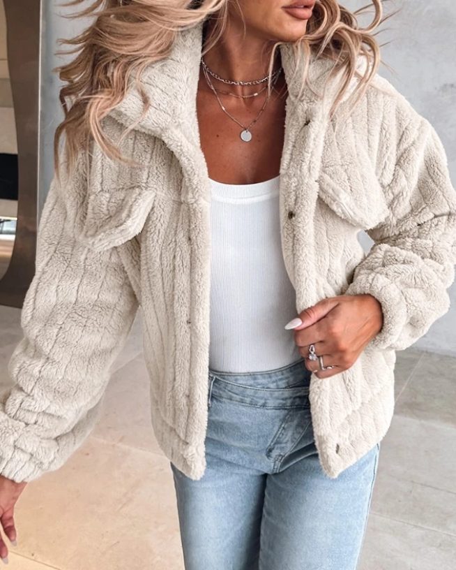 Giacca Teddy Donna Oversize con Tasche al Petto