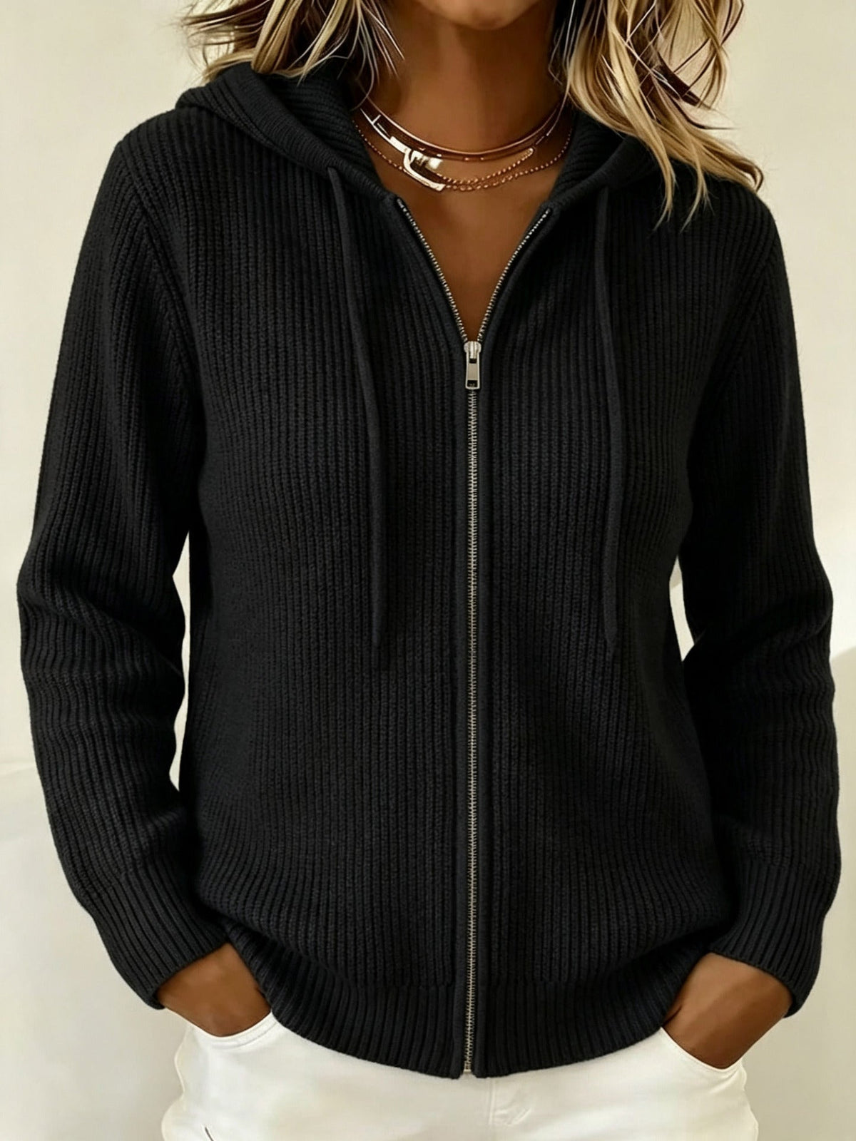 Cardigan Donna con Cappuccio e Zip a Coste