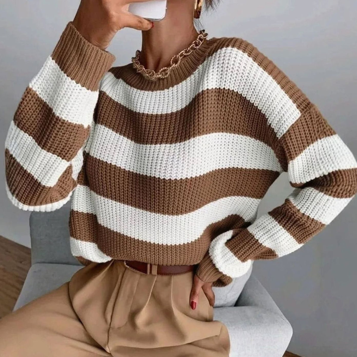 Maglione Donna a Righe Girocollo in Maglia Grossa