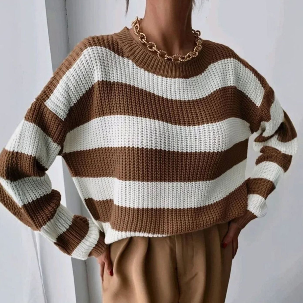Maglione Donna a Righe Girocollo in Maglia Grossa