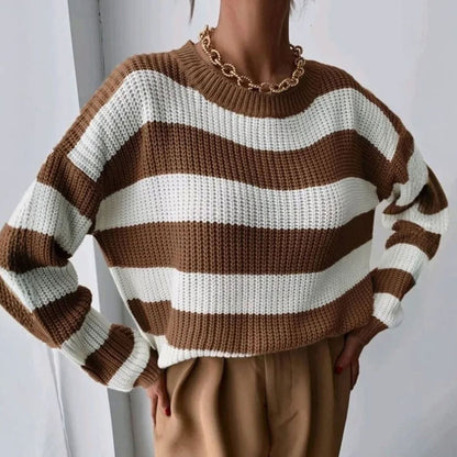 Maglione Donna a Righe Girocollo in Maglia Grossa