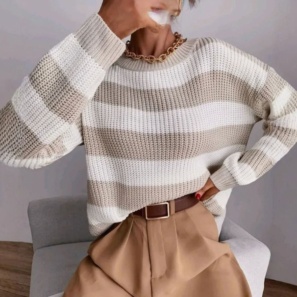 Maglione Donna a Righe Girocollo in Maglia Grossa