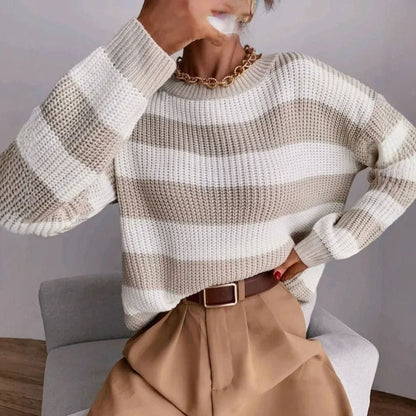 Maglione Donna a Righe Girocollo in Maglia Grossa