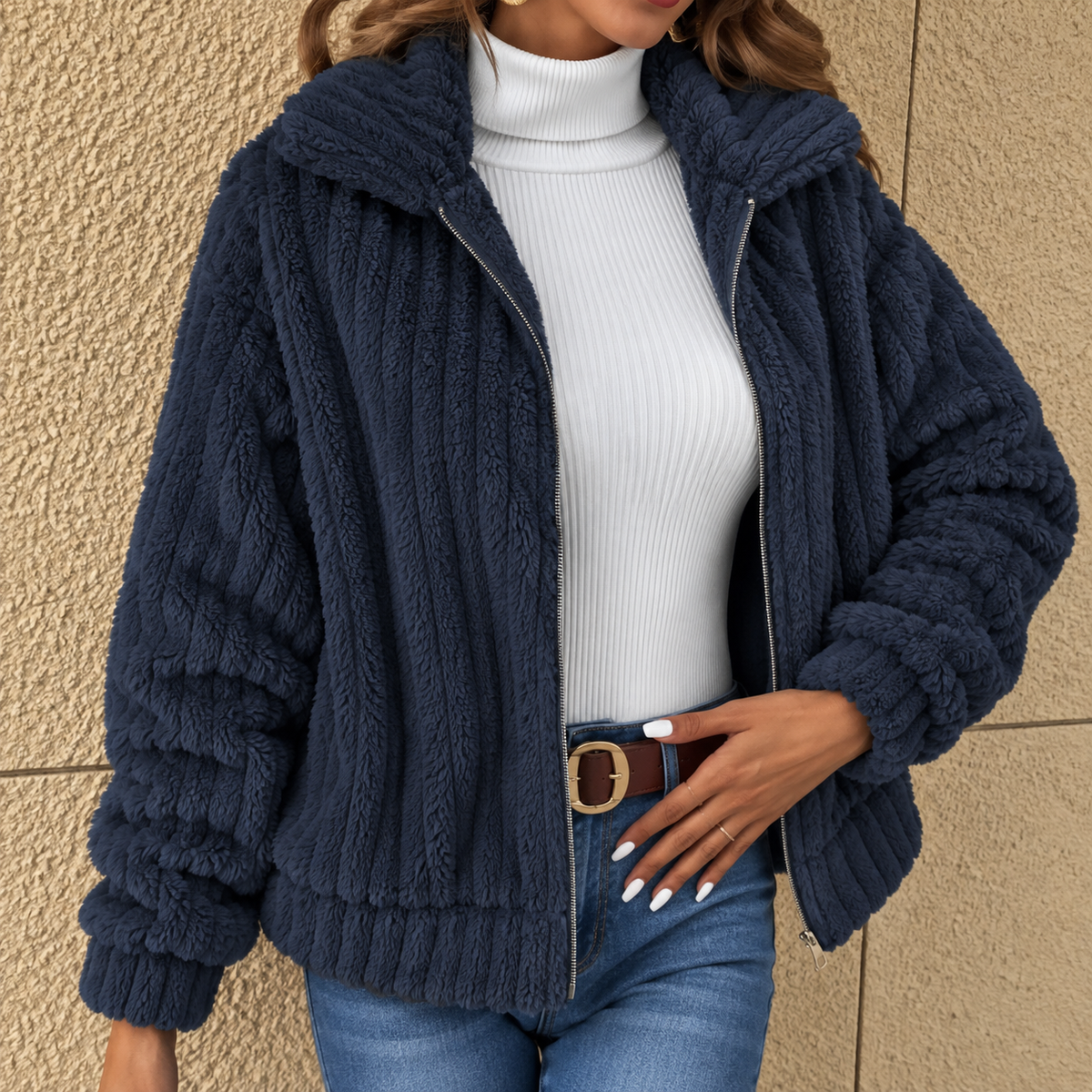 Giacca Teddy Donna a Coste Collo Ampio