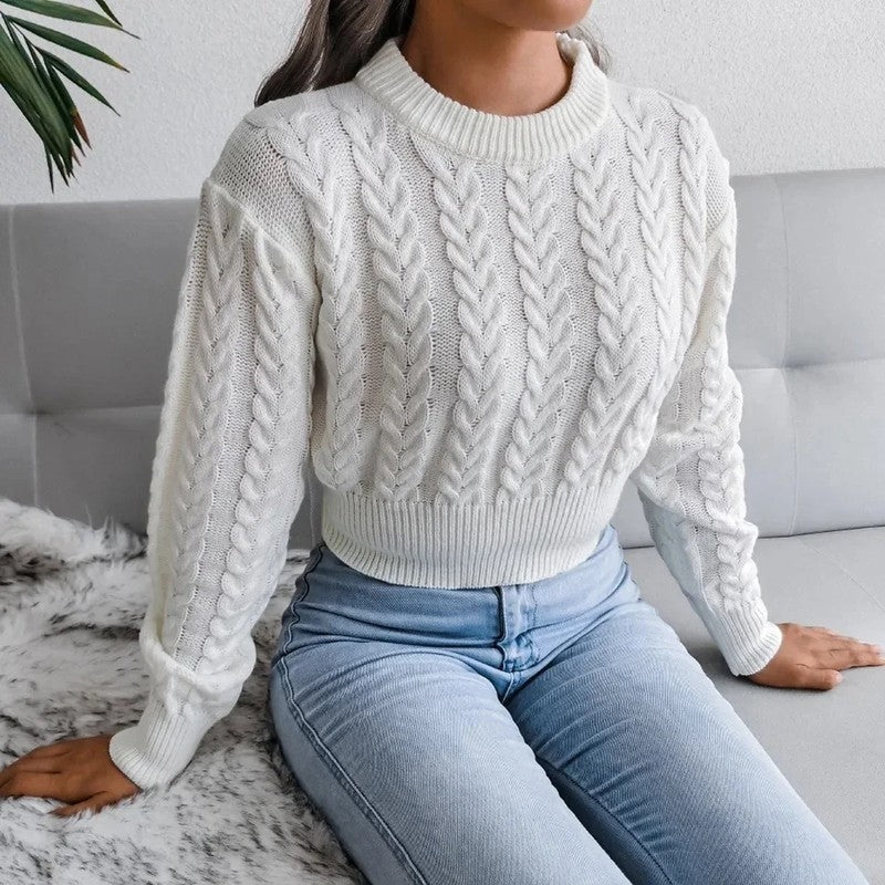 Maglione Corto Donna a Trecce Maniche a Sbuffo