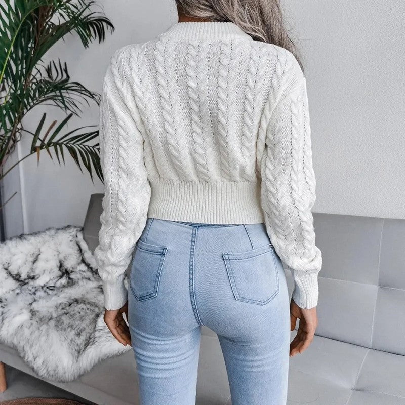 Maglione Corto Donna a Trecce Maniche a Sbuffo
