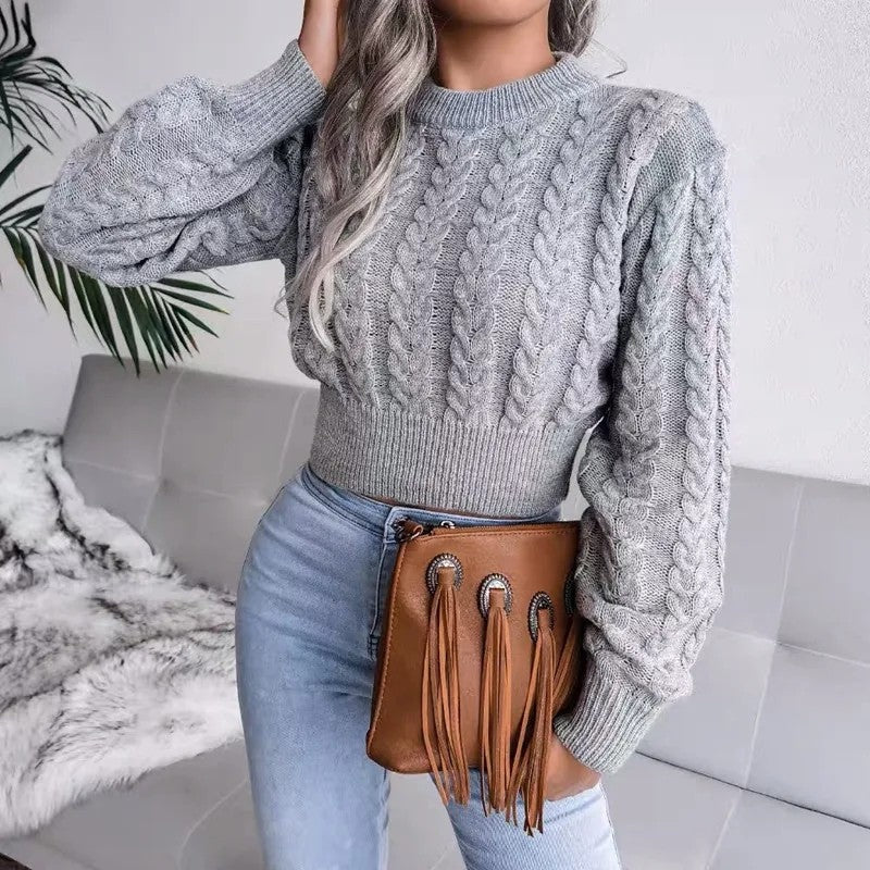 Maglione Corto Donna a Trecce Maniche a Sbuffo