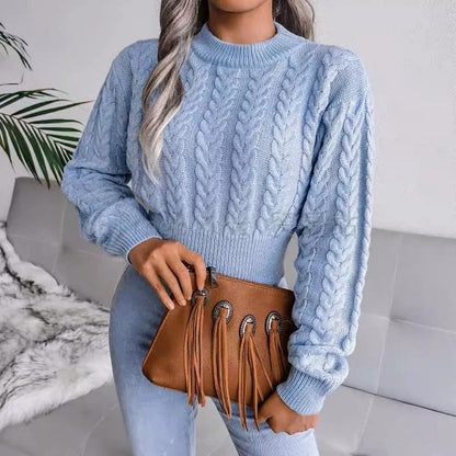 Maglione Corto Donna a Trecce Maniche a Sbuffo