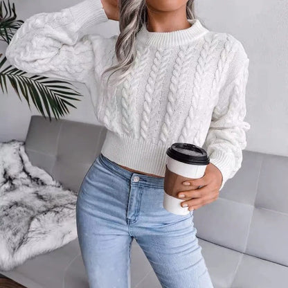 Maglione Corto Donna a Trecce Maniche a Sbuffo