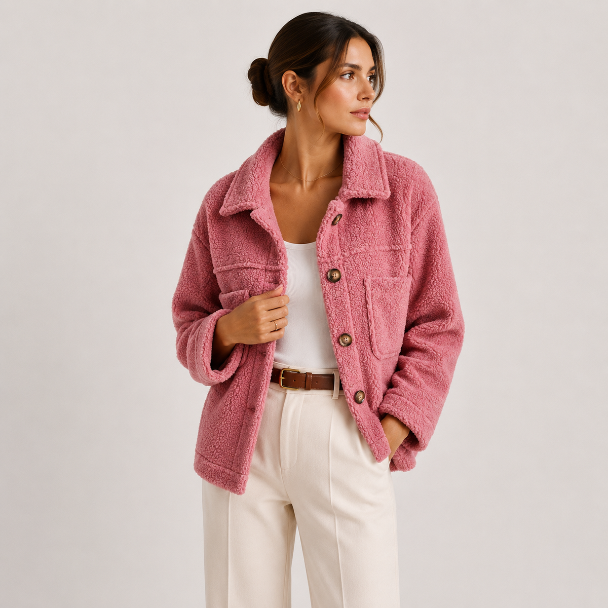 Giacca Camicia Donna Teddy Corta con Tasche